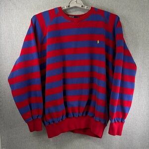 Mens Large Vintage 1990s Polo Ralph Lauren Rugby Sweater Crewneck Red Blue